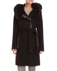 Karl Lagerfeld Black Faux Fur Trim Belted Coat