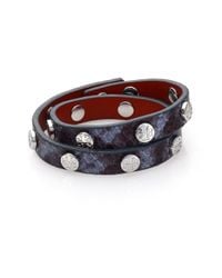 Tory Burch | Blue Logo Stud Embossed Leather Double-wrap Bracelet/silvertone | Lyst