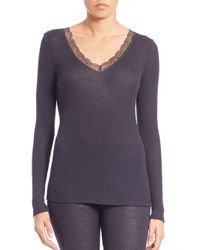 Hanro | Blue Lace-trim Ribbed Long-sleeve Top | Lyst