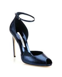 Brian Atwood | Blue Oriana Snakeskin Peep-toe Ankle-strap Sandals | Lyst