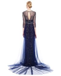 Marchesa | Blue Embroidered Gown with Tulle Skirt Overlay | Lyst