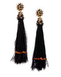 Oscar de la Renta | Black Long Feather Beaded Tassel Clip-On Earrings | Lyst