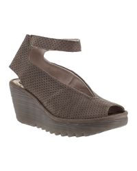 Fly London - Natural Yala Wedge Sandal Perforated Khaki Suede - Lyst