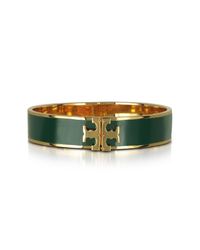 Tory Burch - Raised Logo Banyan Green Enamel Thin Cuff Bracelet - Lyst