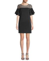 Badgley Mischka Swiss-dot Tulle-paneled Ruffled Crepe Mini Dress Black