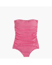 J.Crew | Pink Long Torso Ruched Bandeau One-piece Swimsuit In Gingham Seersucker | Lyst
