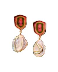 Lainey Papageorge Designs - Multicolor Watermelon Tourmaline And Glowworm Petal Pearl Earrings - Lyst