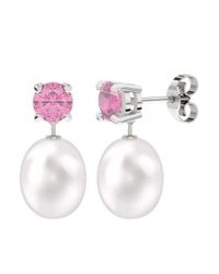 StyleRocks - Multicolor Round Brilliant Rose Quartz Studs With Drop Pearl In 9kt White Gold - Lyst