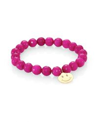 Sydney Evan | Pink Raspberry Jade & 14k Yellow Gold Happy Face Beaded Stretch Bracelet | Lyst
