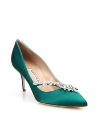 Manolo Blahnik | Green Nadira 70 Crystal-detailed Satin Pumps | Lyst