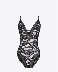 Saint Laurent - Bodysuit With A Low Plunging Neckline In Black Stretch Floral Lace - Lyst