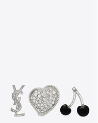 Saint Laurent - Metallic Smoking Brooch Set In Silver, Black And Clear - Lyst