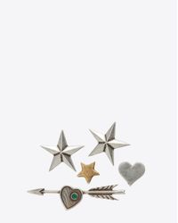 Saint Laurent - Metallic Army 5 Pin Set In Old Silver And Old Gold-toned Brass And Green Crystal - Lyst