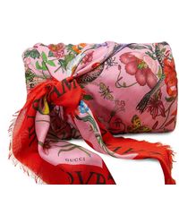 Gucci Flora Snake Print Wool Silk Shawl - Red