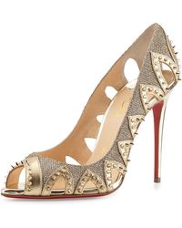 Christian louboutin Alarc Spiked Strappy Mesh Sandals in Gold ...
