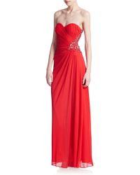 David Meister Metallic Ruched Racerback Gown in Red (RED/BLACK) | Lyst