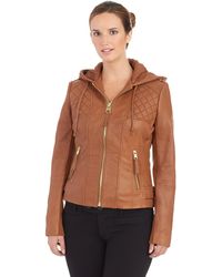 Michael Kors Quilted-shoulder Leather Jacket in Brown | Lyst
