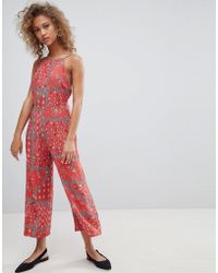 River Island Scarf Print Plunge Beach Jumpsuit In Blue Lyst