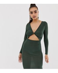 Missguided Vestito midi attillato color kaki con incrocio sul davanti - Verde