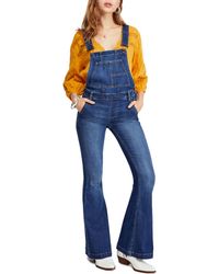 Free People Carly Flared Denim Overalls - Blue