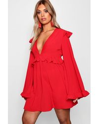 white ruffle detail plunge midi dress