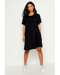 Boohoo Maternity Bardot Polka Dot Ruffle Midi Dress in Pink - Lyst