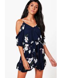 Boohoo Womens Floral Cold Shoulder Ruffle Romper - Navy - S - Blue