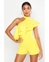 Boohoo Womens One Shoulder Ruffle Romper - Yellow - 6