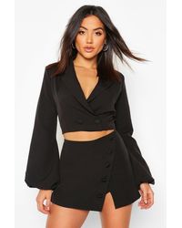 Boohoo Volume Sleeve Double Breasted Cropped Blazer - Black