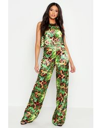 Boohoo Womens Tall Satin Tropical Leopard Ruffle Trousers - Multi - 4 - Green