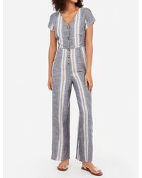 Express Striped Button Front Tie Back Culotte Jumpsuit Blue Stripe