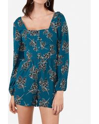 Express Tropical Print Button Front Long Sleeve Romper Blue Print