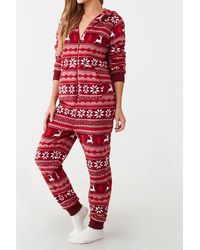 Forever 21 Fair Isle Hooded Pajama Jumpsuit , Red/multi