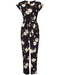 Yumi' Floral Print Jumpsuit With Tie Waist Belt - Black