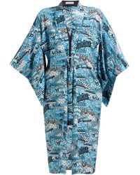 Balenciaga Logo Print Silk Crepe De Chine Kimono Style Dress - Blue