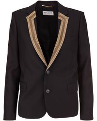 Saint Laurent Black Blazer In Pure Virgin Wool With Embroidered Golden Revers And Side Pockets