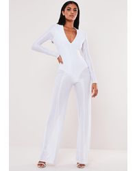Missguided White Sheer Panel Ribbed Plunge Jumpsuit