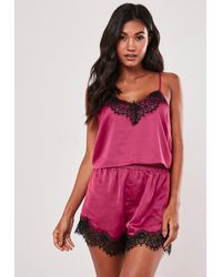 Missguided Raspberry Satin Lace Trim Shorts And Cami Pajama Set - Multicolor