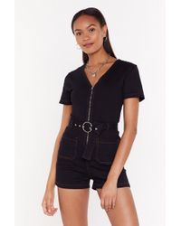 Nasty Gal Belt Your Bottom Dollar Denim Zip Romper - Black
