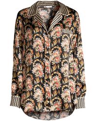 Oscar de la Renta Floral Print Silk Sleep Shirt - Black