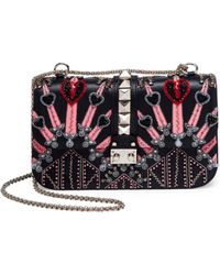 Valentino Lock Medium Beaded Love Blade Leather Chain Shoulder Bag - Black