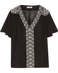 Lyst - Joie Roman Gathered Embroidered Silk-crepe Top in Black Joie - Roman Gathered Embroidered Silk-crepe Top - Lyst