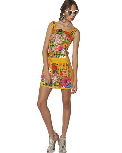 Lyst - Moschino Sequin Flowers On Cotton Stretch Dress in Yellow