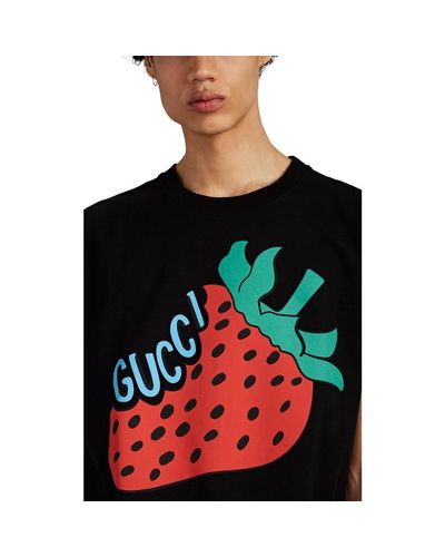Gucci Strawberry Logo Cotton T-shirt in Black for Men - Lyst