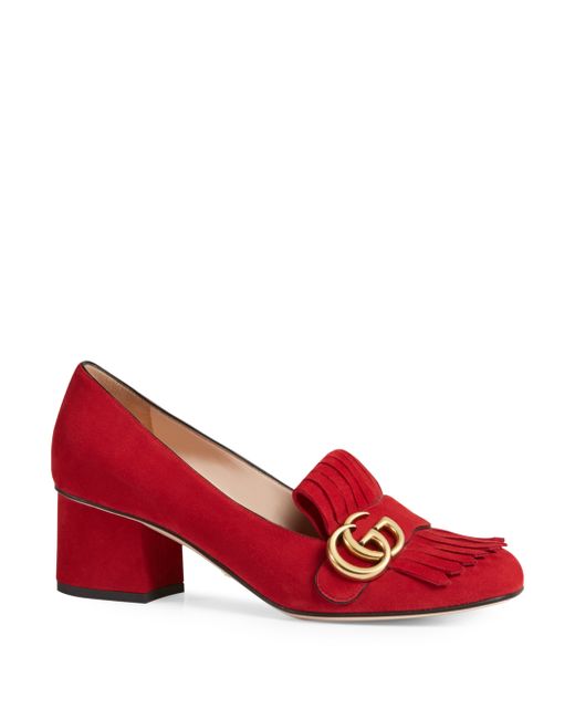 Gucci Marmont Gg Suede Block-heel Pumps in Red | Lyst