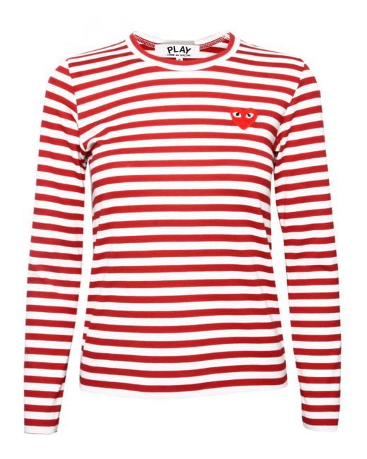 Comme des garçons Play Womens Red Heart Stripe T-shirt Red in Red | Lyst