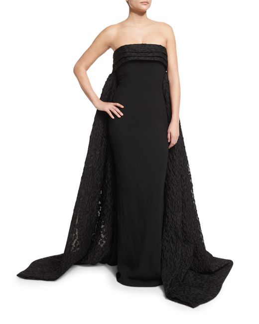 Brandon maxwell Finale Strapless Crepe Lace Cape-back Gown in Black | Lyst