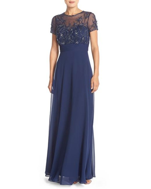 Js collections Embellished Mesh & Chiffon Gown in Blue (NAVY) | Lyst