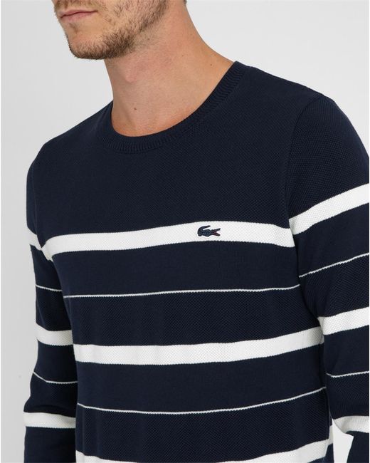 Lacoste Blue Striped White Croc Logo Round-neck Sweater in Blue for Men ...