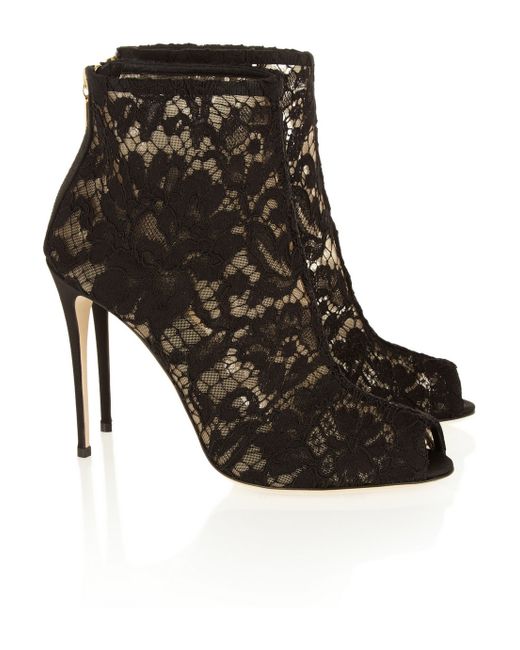 Dolce & gabbana Lace And Mesh Peep-toe Ankle Boots in Black | Lyst